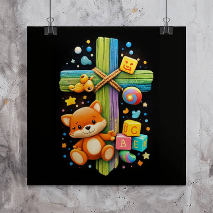 Rainbow Cross Little Fox | Christian Matte Posters | Gift for Kids