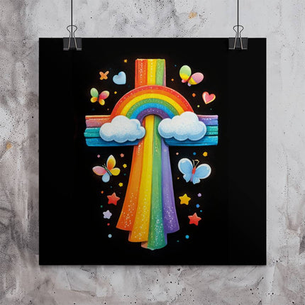 Rainbow Cross Butterfly | Christian Matte Posters | Gift for Kids