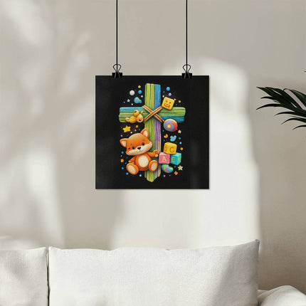Rainbow Cross Little Fox | Christian Matte Posters | Gift for Kids