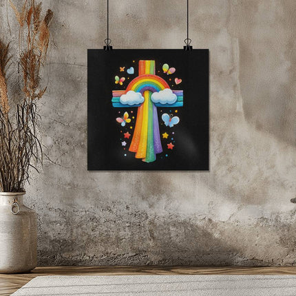 Rainbow Cross Butterfly | Christian Matte Posters | Gift for Kids