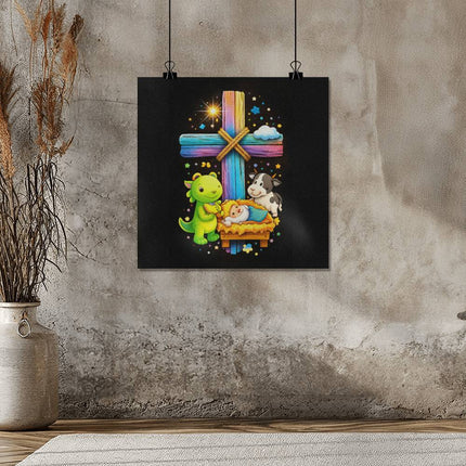 Rainbow Cross Frog And Cow | Christian Matte Posters | Gift for Kids