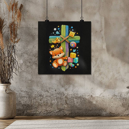 Rainbow Cross Little Fox | Christian Matte Posters | Gift for Kids