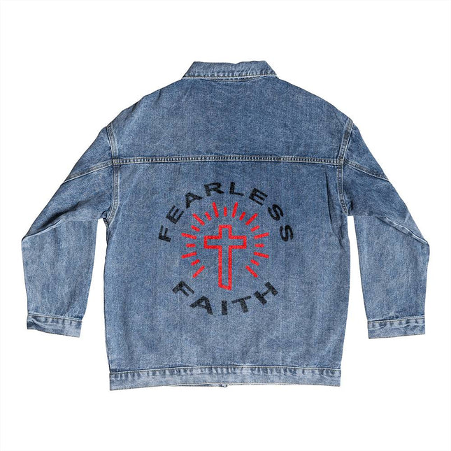 Fearless Faith Men’s Denim Jacket | Red Cross Rays Back Print | Medium Wash