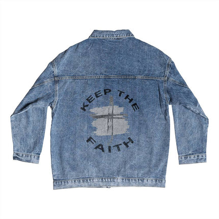 Keep The Faith Men’s Denim Jacket | Brush Cross Back Print | Medium Wash