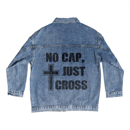 No Cap Just Cross Men’s Denim Jacket | Cross Back Print | Medium Wash
