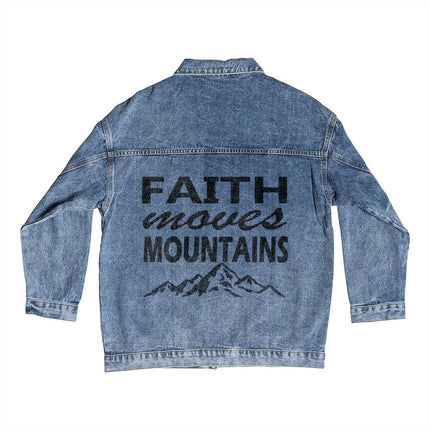 Faith Moves Mountains Men’s Denim Jacket | Mountain Back Print | Medium Wash