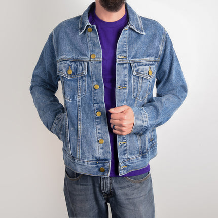 Faith Moves Mountains Men’s Denim Jacket | Mountain Back Print | Medium Wash