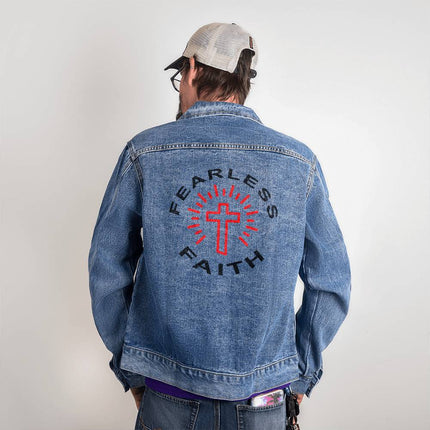 Fearless Faith Men’s Denim Jacket | Red Cross Rays Back Print | Medium Wash