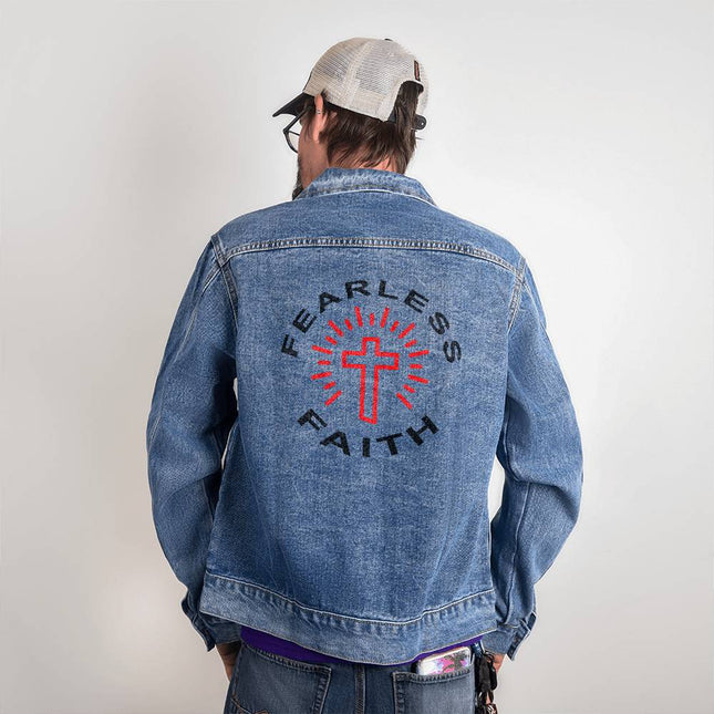 Fearless Faith Men’s Denim Jacket | Red Cross Rays Back Print | Medium Wash