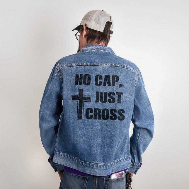 No Cap Just Cross Men’s Denim Jacket | Cross Back Print | Medium Wash