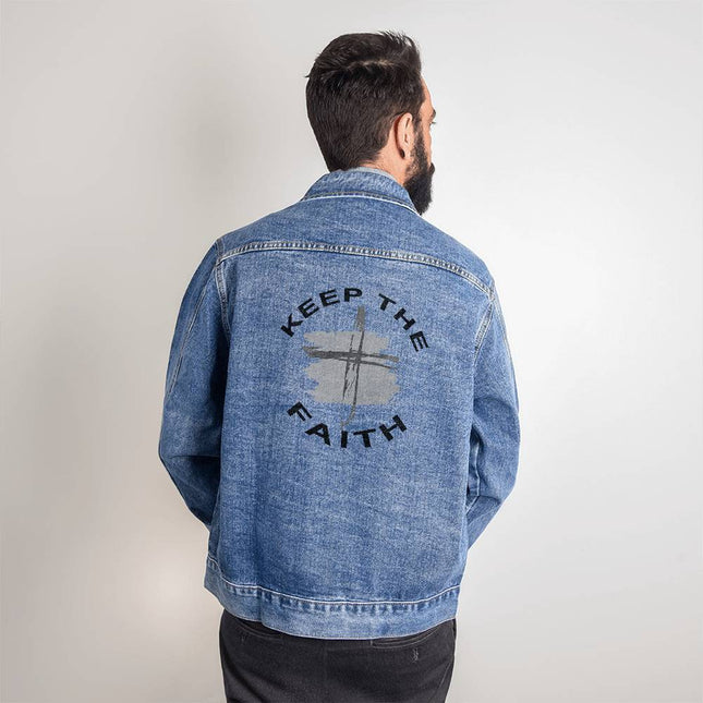Men’s medium wash denim jacket with “Keep the Faith” circular back print and brush cross graphic in black and gray – Christian apparel