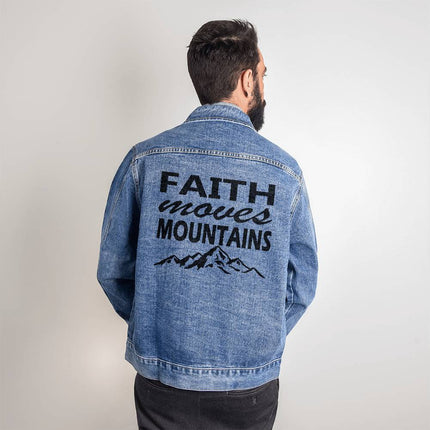 Men’s medium wash denim jacket with “Faith Moves Mountains” back print and mountain graphic in black – Christian faith apparel