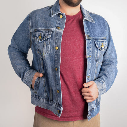 Keep The Faith Men’s Denim Jacket | Brush Cross Back Print | Medium Wash