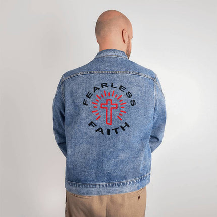 Fearless Faith Men’s Denim Jacket | Red Cross Rays Back Print | Medium Wash