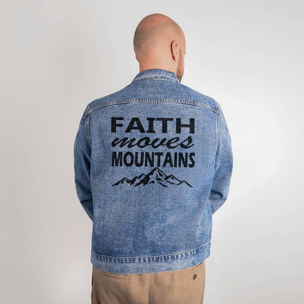 Faith Moves Mountains Men’s Denim Jacket | Mountain Back Print | Medium Wash