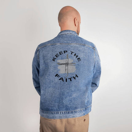Keep The Faith Men’s Denim Jacket | Brush Cross Back Print | Medium Wash