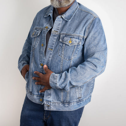 Faith Moves Mountains Men’s Denim Jacket | Mountain Back Print | Medium Wash