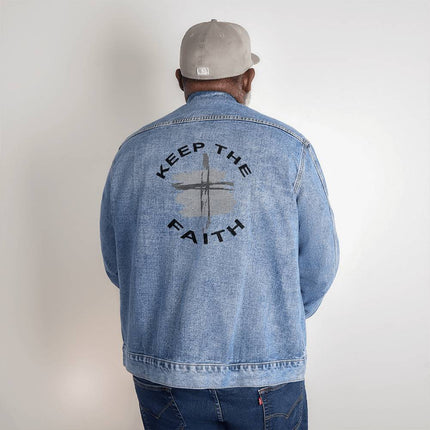 Keep The Faith Men’s Denim Jacket | Brush Cross Back Print | Medium Wash