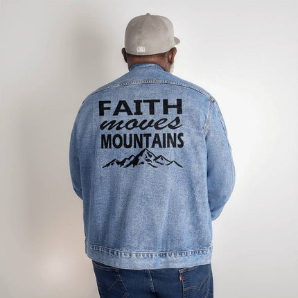 Faith Moves Mountains Men’s Denim Jacket | Mountain Back Print | Medium Wash