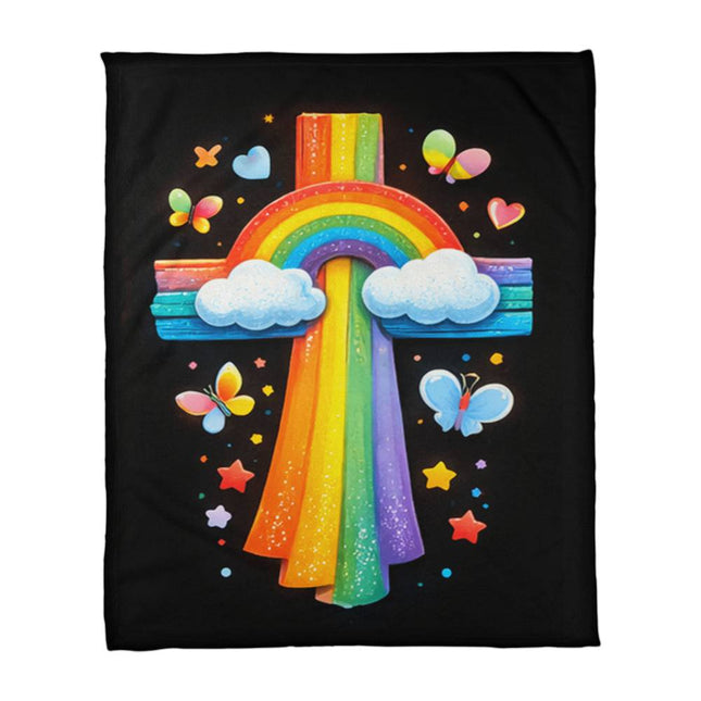 Rainbow & Butterflies Cross Coral Fleece Blanket – Christian Gift for Kids