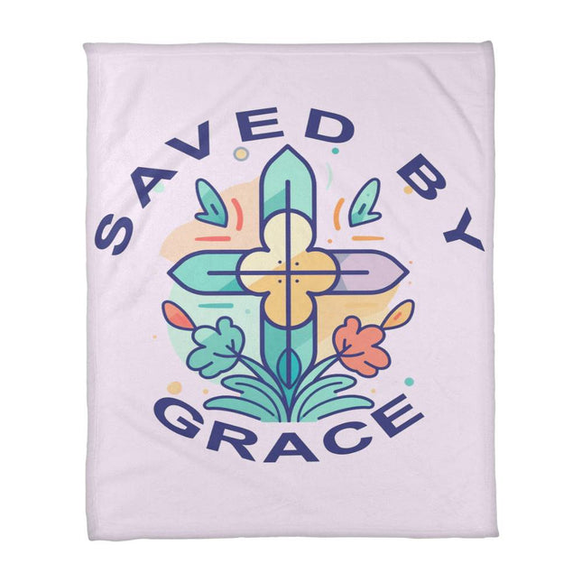 Saved By Grace Coral Fleece Blanket | Colorful Cross Floral | Cozy Faith Throw