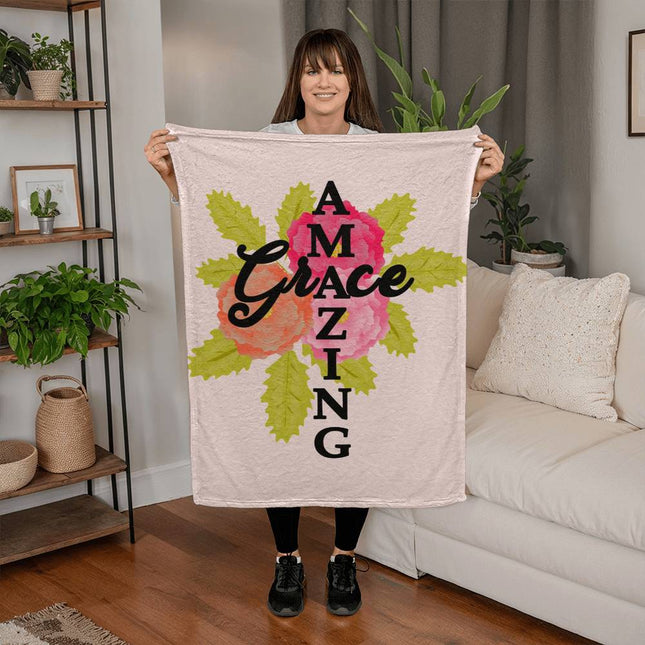 Amazing Grace Coral Fleece Blanket | Floral Faith Design | Cozy Christian Throw