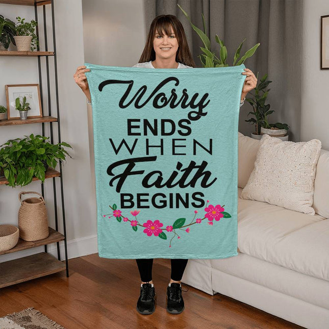 Worry Ends When Faith Begins Coral Fleece Blanket | Mint Floral | Cozy Faith Throw