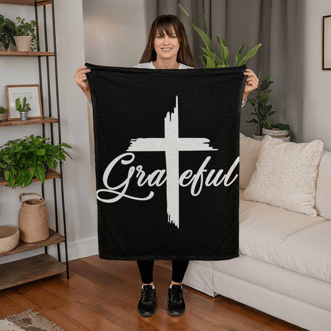 Grateful Coral Fleece Blanket | White Cross on Black | Cozy Christian Throw
