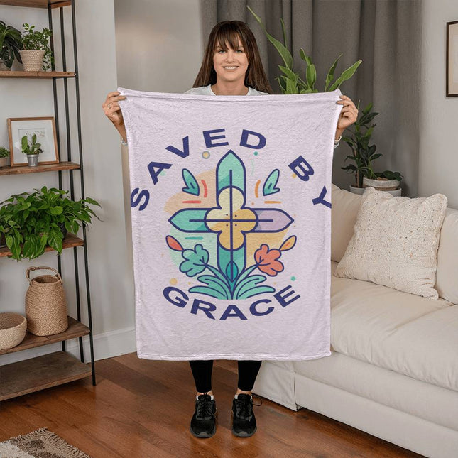 Saved By Grace Coral Fleece Blanket | Colorful Cross Floral | Cozy Faith Throw