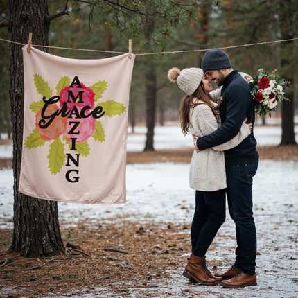 Amazing Grace Coral Fleece Blanket | Floral Faith Design | Cozy Christian Throw