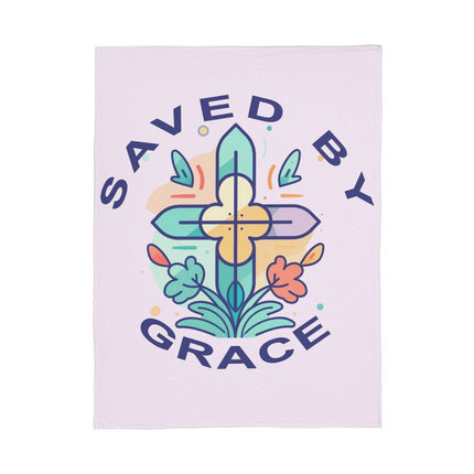 Saved By Grace Coral Fleece Blanket | Colorful Cross Floral | Cozy Faith Throw