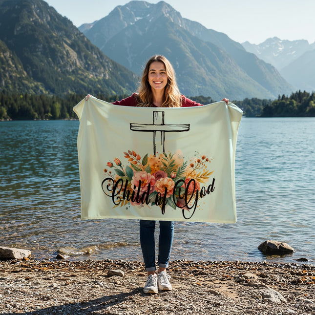 Child of God fleece blanket with cross and floral bouquet – Christian throw blanket