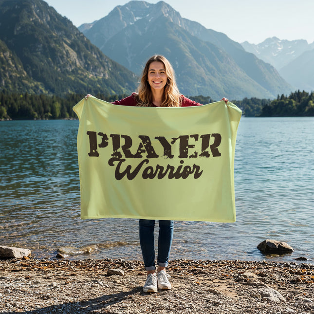 Prayer warrior fleece blanket with distressed lettering – cozy Christian encouragement throw