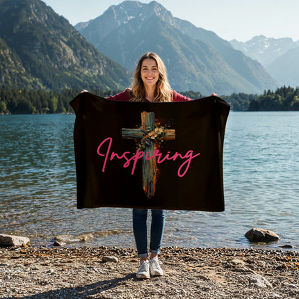 Inspiring Heart Cross Coral Fleece Blanket – Christian Gift for Women
