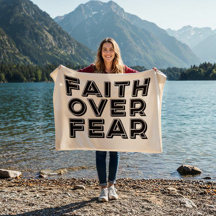 Faith over fear fleece blanket with bold outlined lettering – cozy Christian encouragement throw