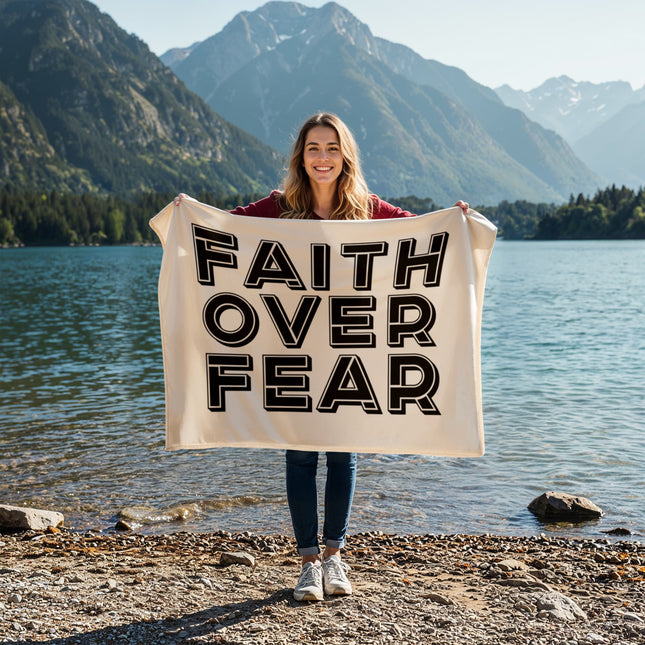 Faith over fear fleece blanket with bold outlined lettering – cozy Christian encouragement throw
