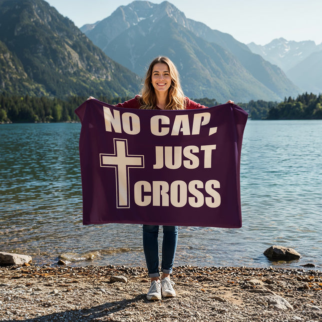 No cap just cross fleece blanket with cross icon and bold lettering on purple – Christian throw