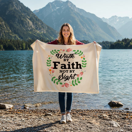 Walk by faith not by sight fleece blanket with floral wreath – Christian encouragement throw