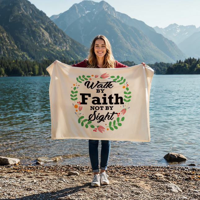 Walk by faith not by sight fleece blanket with floral wreath – Christian encouragement throw