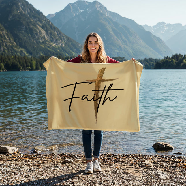 Faith Cross Gold Christian Blanket | Coral Fleece Throw (Landscape)