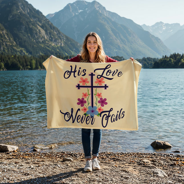 His love never fails fleece blanket with floral cross – Christian encouragement throw blanket