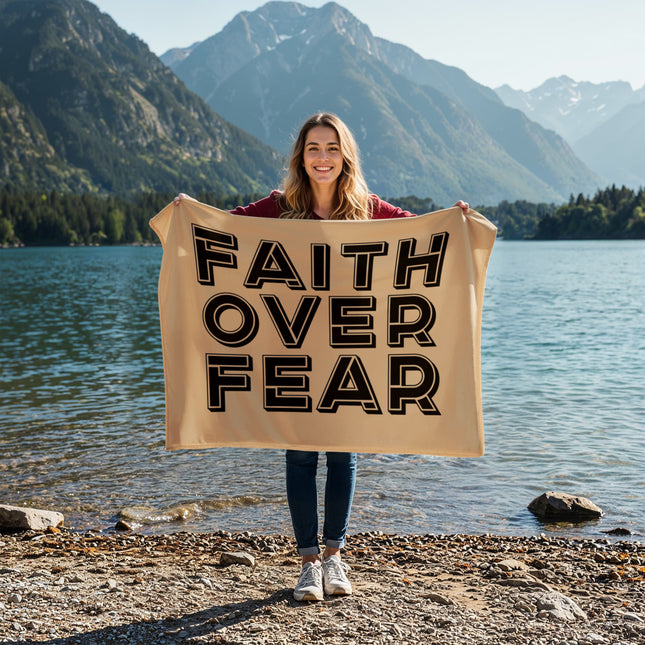 Faith over fear fleece blanket with bold black lettering – cozy Christian encouragement throw