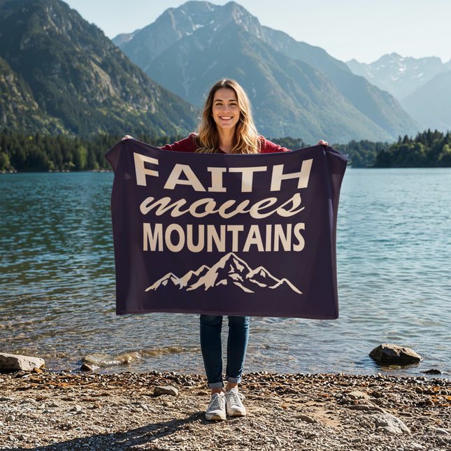 Faith moves mountains fleece blanket with mountain graphic on dark background – Christian throw