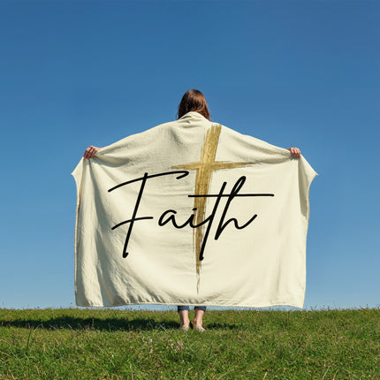 Faith cross gold Christian coral fleece blanket in landscape layout, soft throw blanket for couch or bed, cozy faith home decor gift