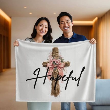 Hopeful Flower Cross Christian mink fleece blanket — floral cross design, modern Mother's Day gift for mom with a hope message