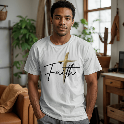 White unisex Christian t-shirt with “Faith” lettering and gold cross design on the front