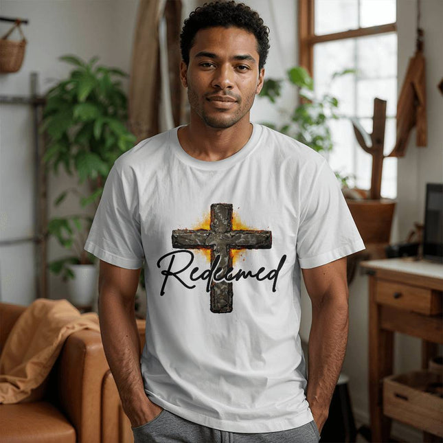 Man wearing a white unisex t-shirt featuring a rugged stone cross with a fiery golden glow and the word "Redeemed" in black script on the front, styled in a modern home setting.