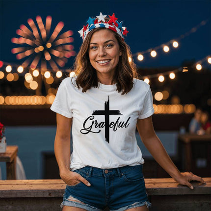 Modern Christian t-shirt with Faith design — "Faith carries her" — a faith-forward gift for women
