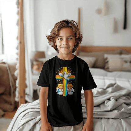 Dove & Angels Rainbow Cross Youth T-Shirt – Christian Gift for Kids