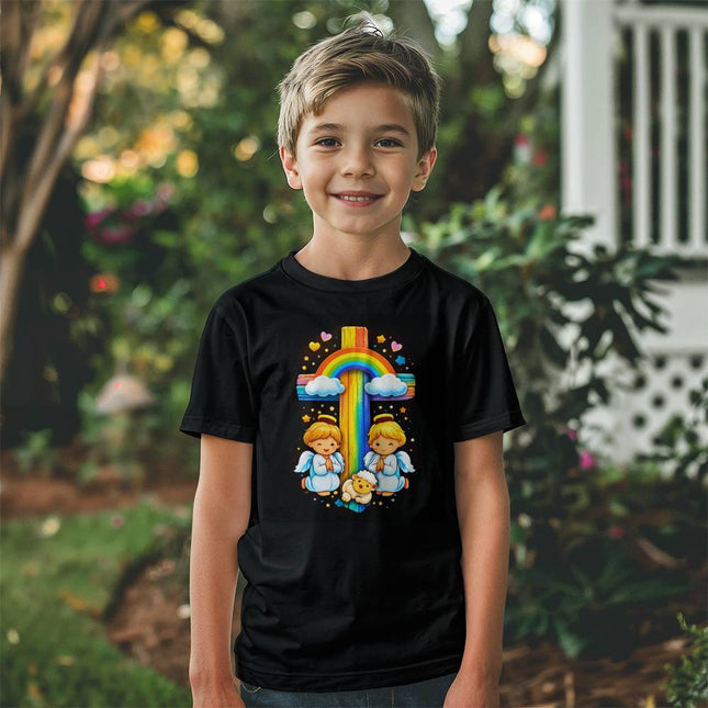 Jesus & Lambs Rainbow Cross Youth T-Shirt – Christian Gift for Kids